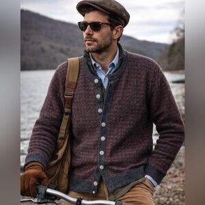 Vintage L.L. Bean Fisherman Birdseye Red & Gray Cardigan Wool Sweater Size Large